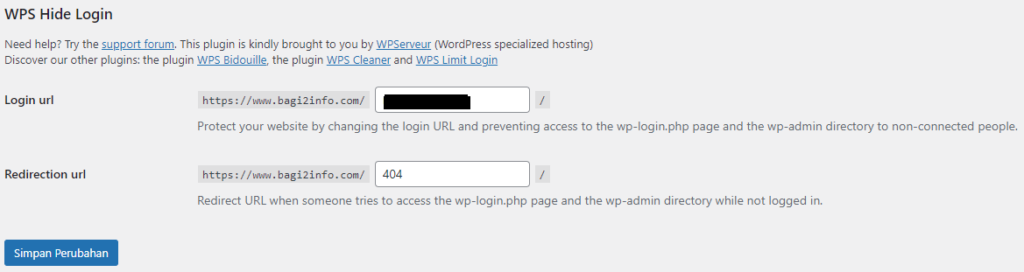 Setting plugin WPS Hide Login
